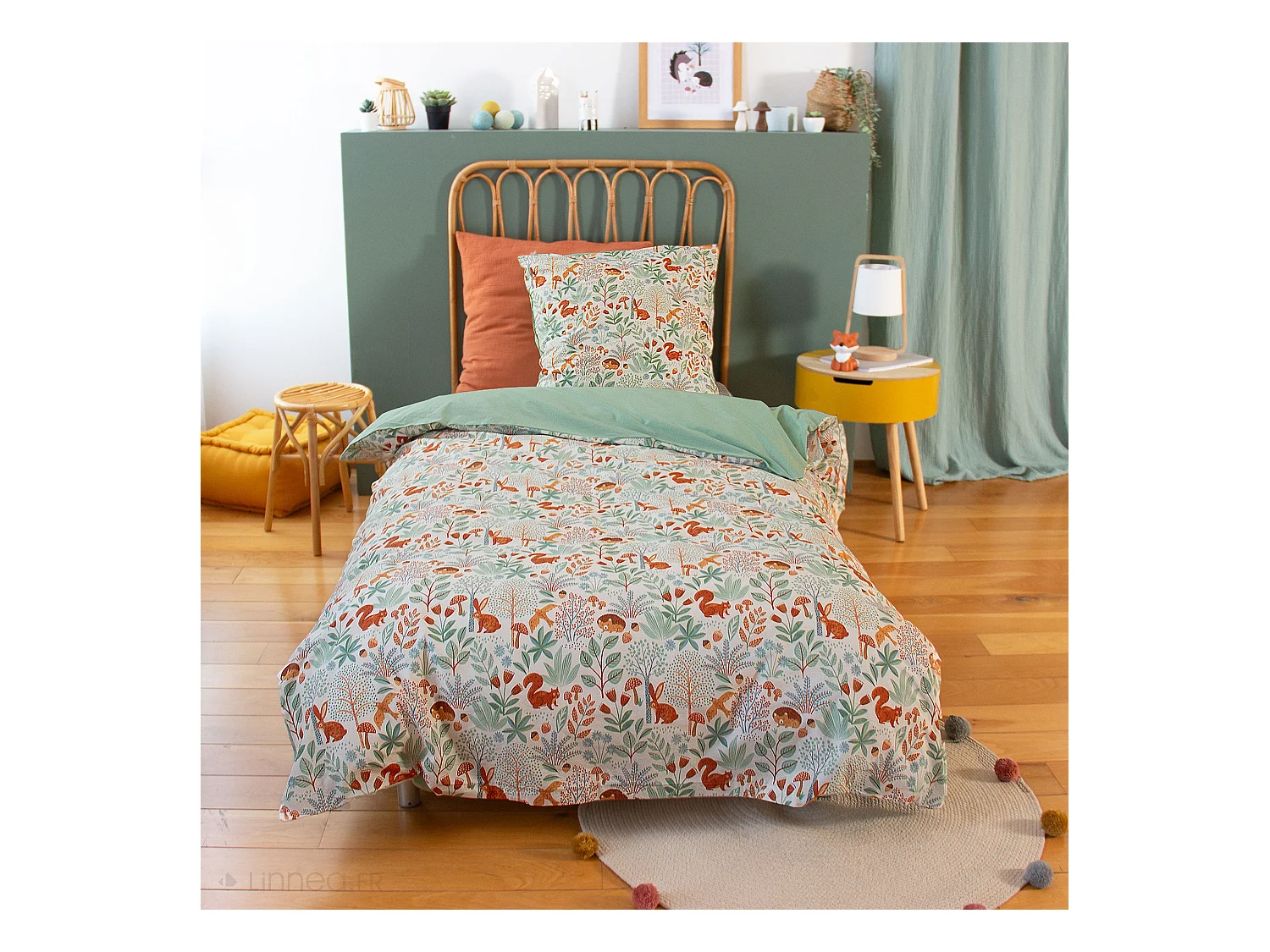 Parure de lit enfant 140x200cm PIERROT pur coton BCI MIG vert 2 pièces
