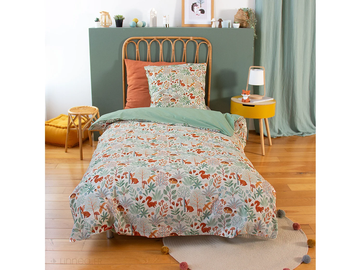 Parure de lit enfant 140x200cm PIERROT pur coton MIG vert 2 pièces