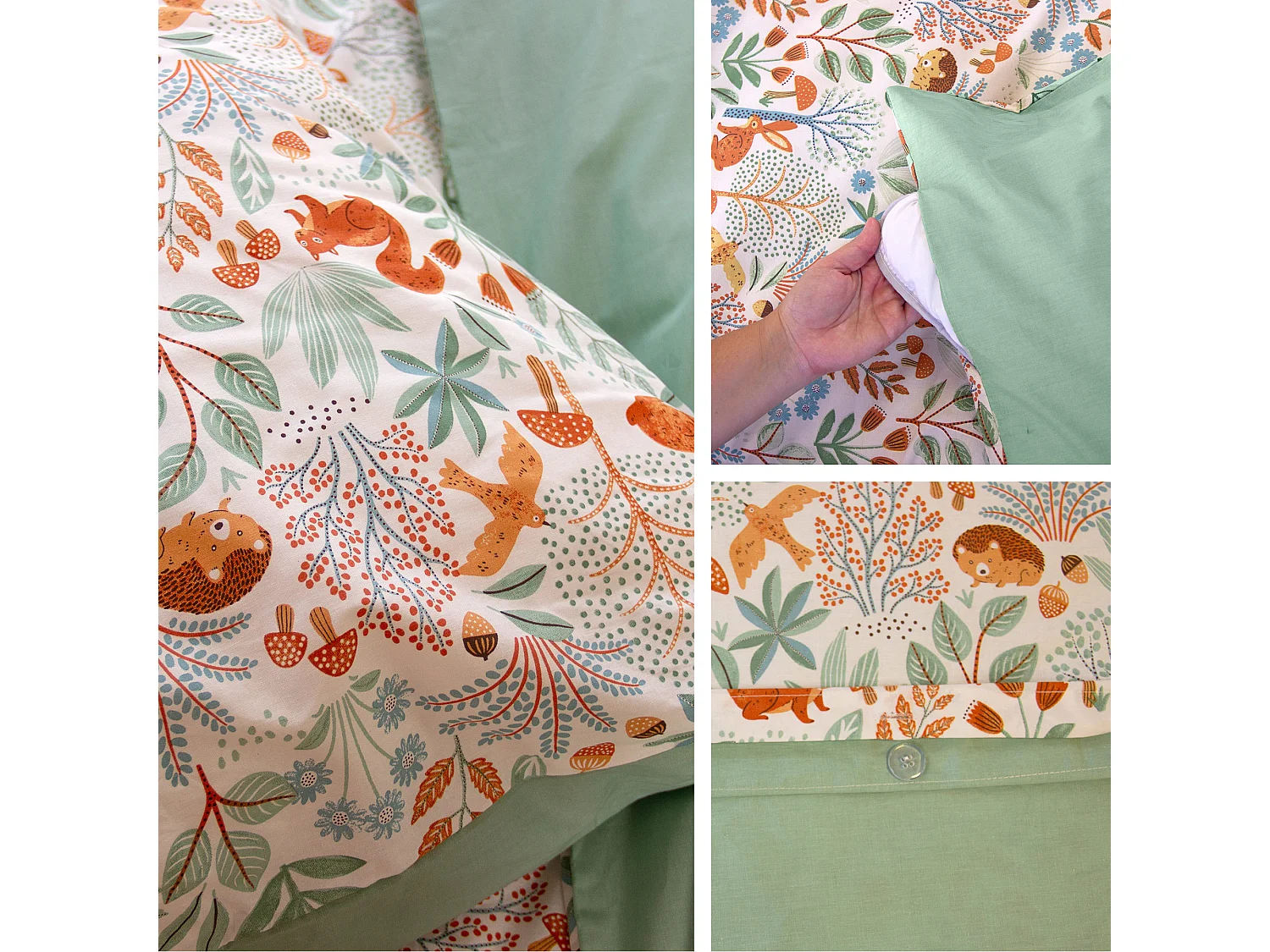 Parure de lit enfant 140x200cm PIERROT pur coton MIG vert 2 pièces