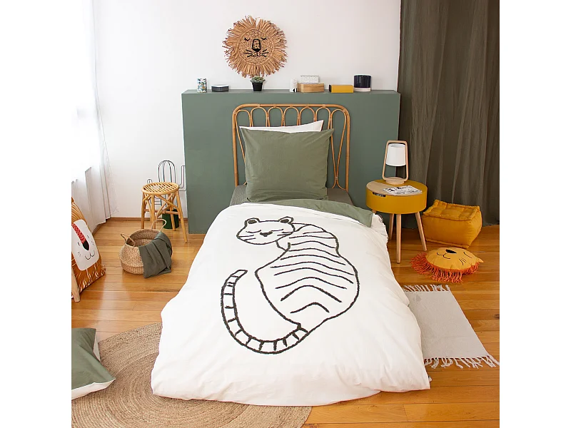 Parure de lit enfant 140x200 cm TIGRE pur coton tufté kaki 2 pièces
