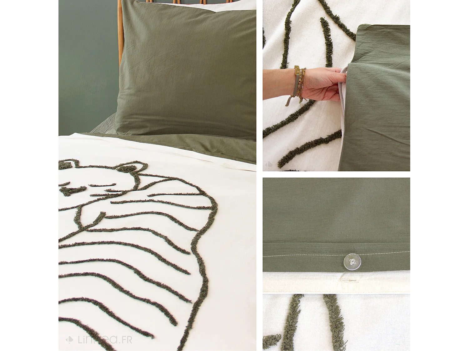 Parure de lit enfant 140x200 cm TIGRE pur coton tufté kaki 2 pièces