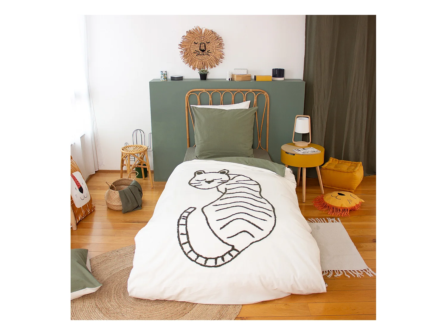 Parure de lit enfant 140x200 cm TIGRE pur coton tufté kaki 2 pièces