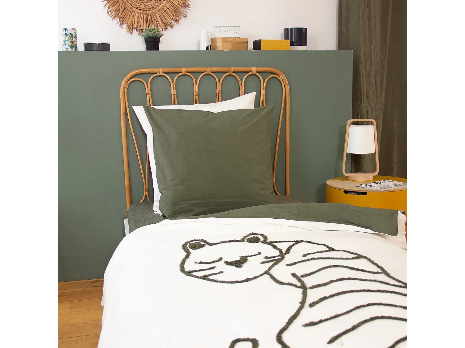Parure de lit enfant 140x200 cm TIGRE pur coton tufté kaki 2 pièces