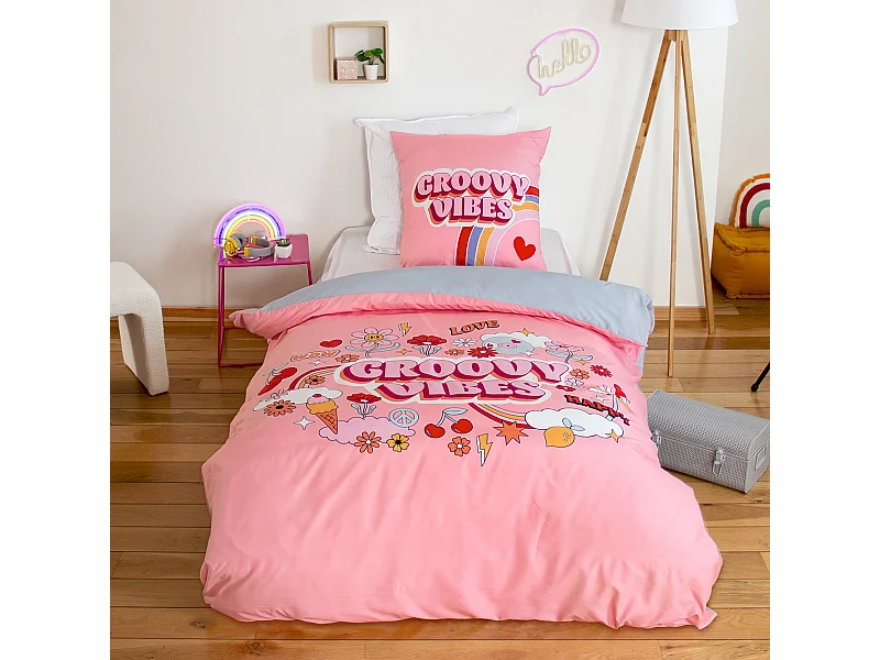 Parure de lit enfant GROOVY VIBES 140x200 cm en microfibre rose 2 pièces