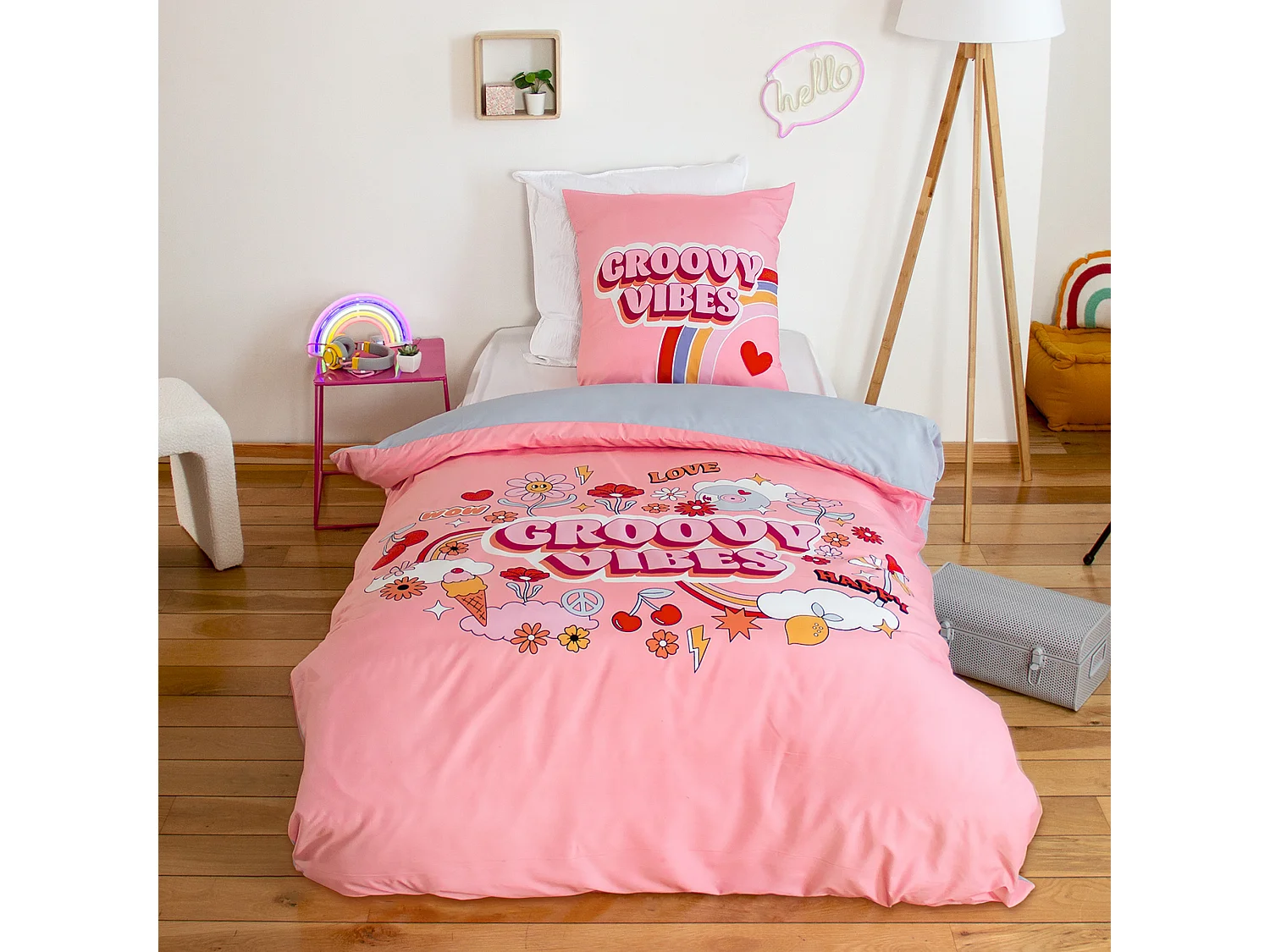 Parure de lit enfant GROOVY VIBES 140x200 cm en microfibre rose 2 pièces