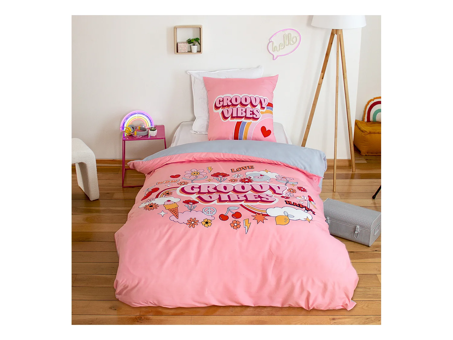 Parure de lit enfant GROOVY VIBES 140x200 cm en microfibre rose 2 pièces