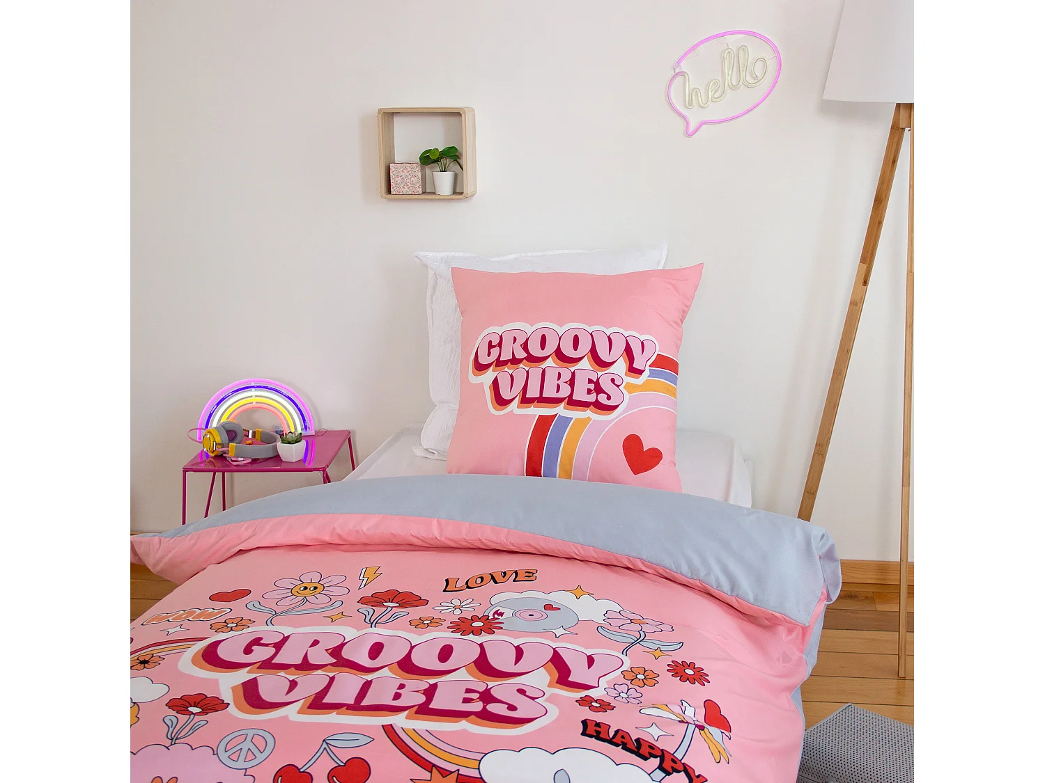 Parure de lit enfant GROOVY VIBES 140x200 cm en microfibre rose 2 pièces