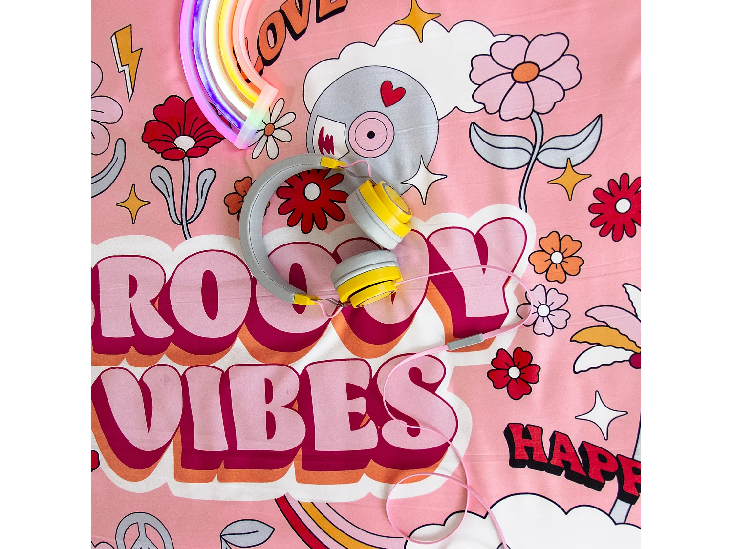 Parure de lit enfant GROOVY VIBES 140x200 cm en microfibre rose 2 pièces