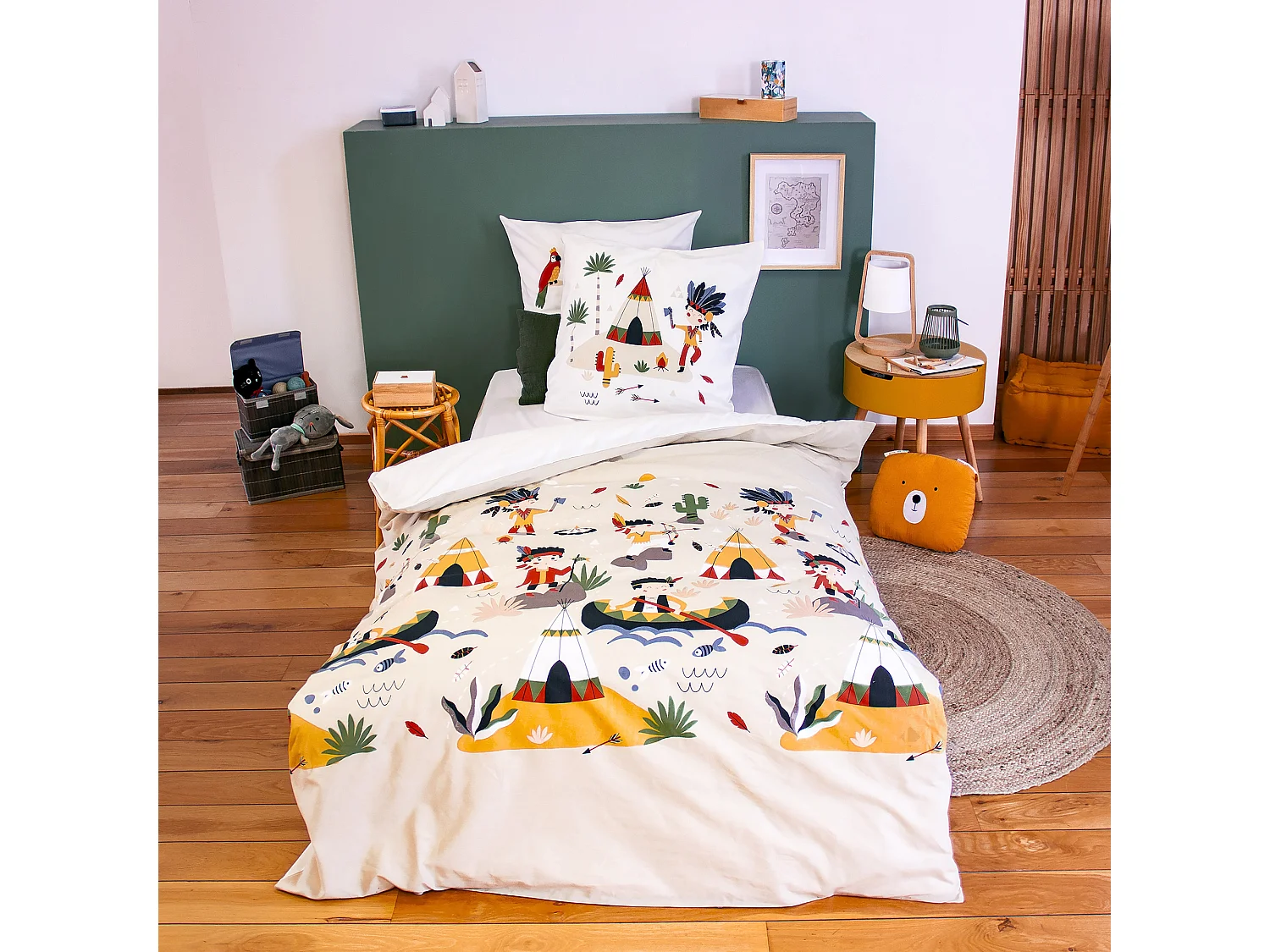 Parure de lit enfant bi histoire 140x200 cm PTIT AIGLE & PTIT PIRATE pur coton MIG multicolore 2 pièces