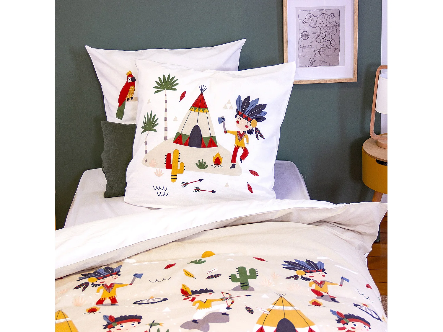 Parure de lit enfant bi histoire 140x200 cm PTIT AIGLE & PTIT PIRATE pur coton MIG multicolore 2 pièces