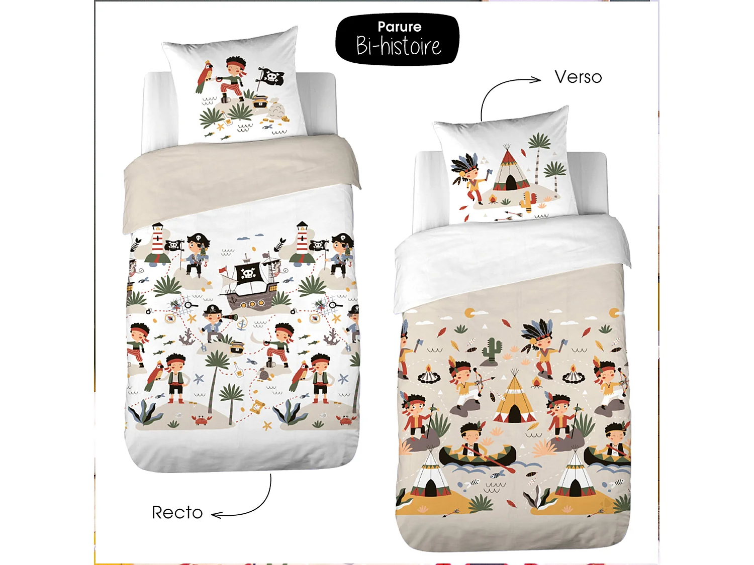 Parure de lit enfant bi histoire 140x200 cm PTIT AIGLE & PTIT PIRATE pur coton MIG multicolore 2 pièces