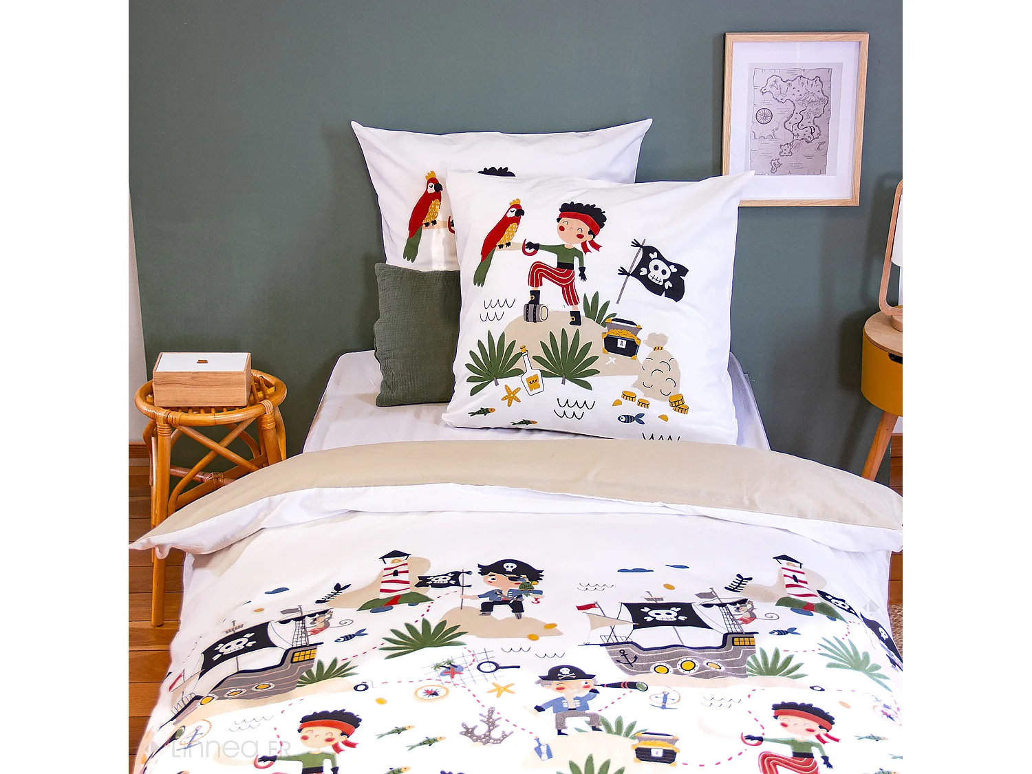 Parure de lit enfant bi histoire 140x200 cm PTIT AIGLE & PTIT PIRATE pur coton MIG multicolore 2 pièces