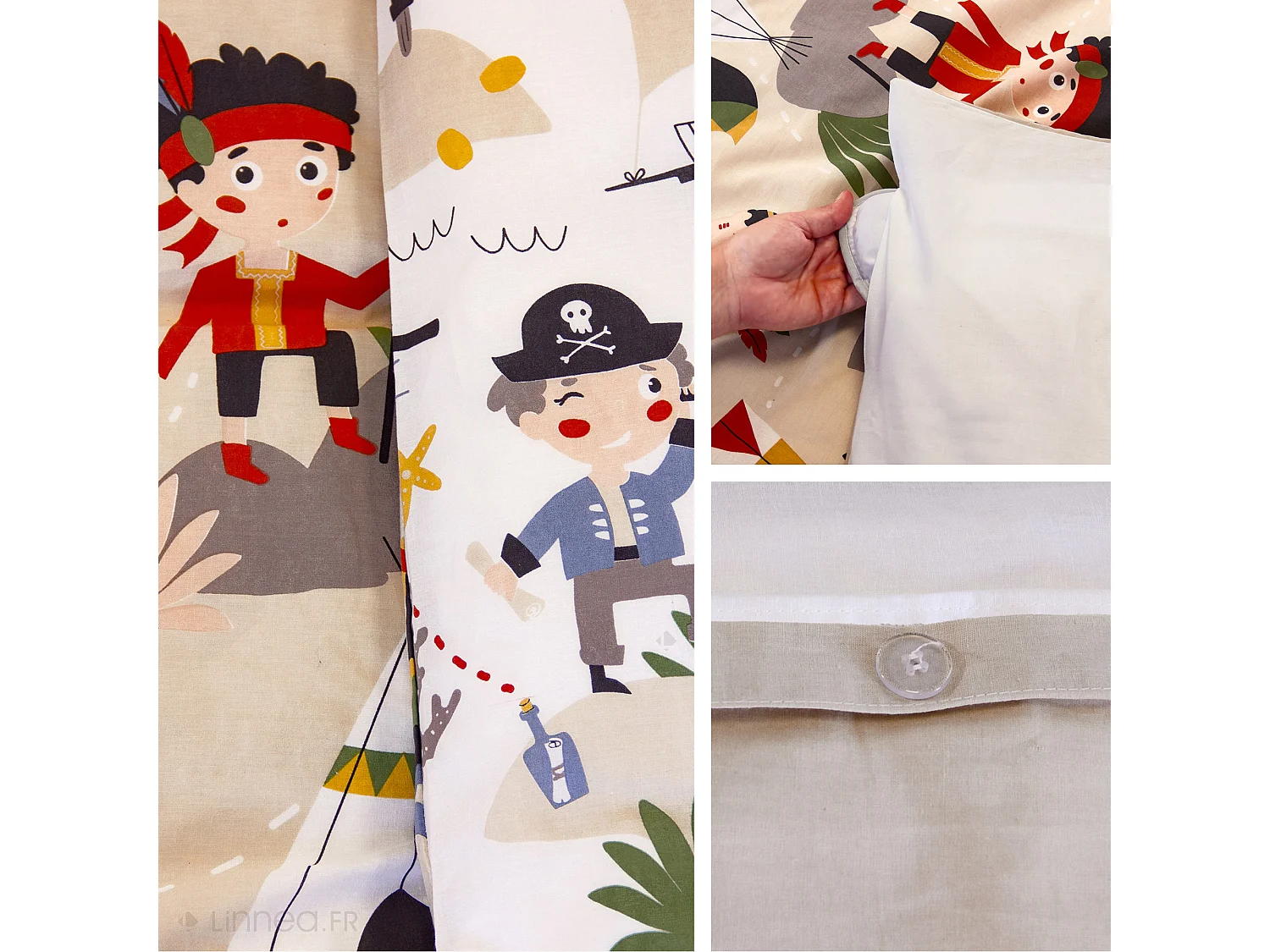 Parure de lit enfant bi histoire 140x200 cm PTIT AIGLE & PTIT PIRATE pur coton MIG multicolore 2 pièces