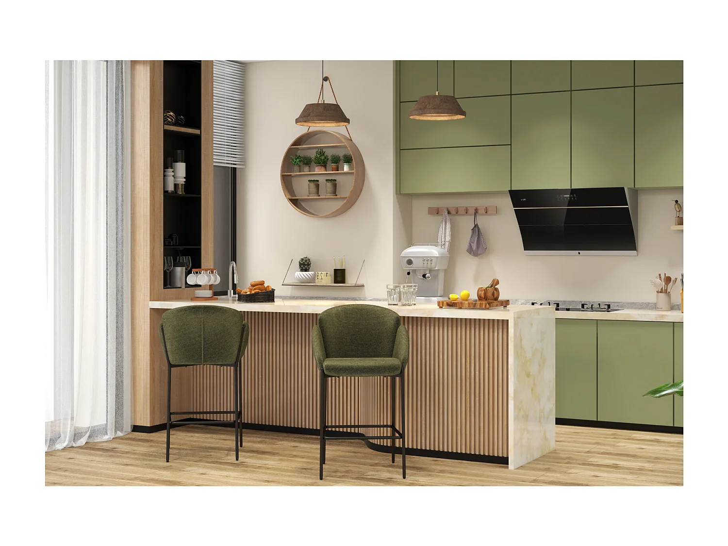 CANDICE-Sedia da bar in tessuto verde (x2)