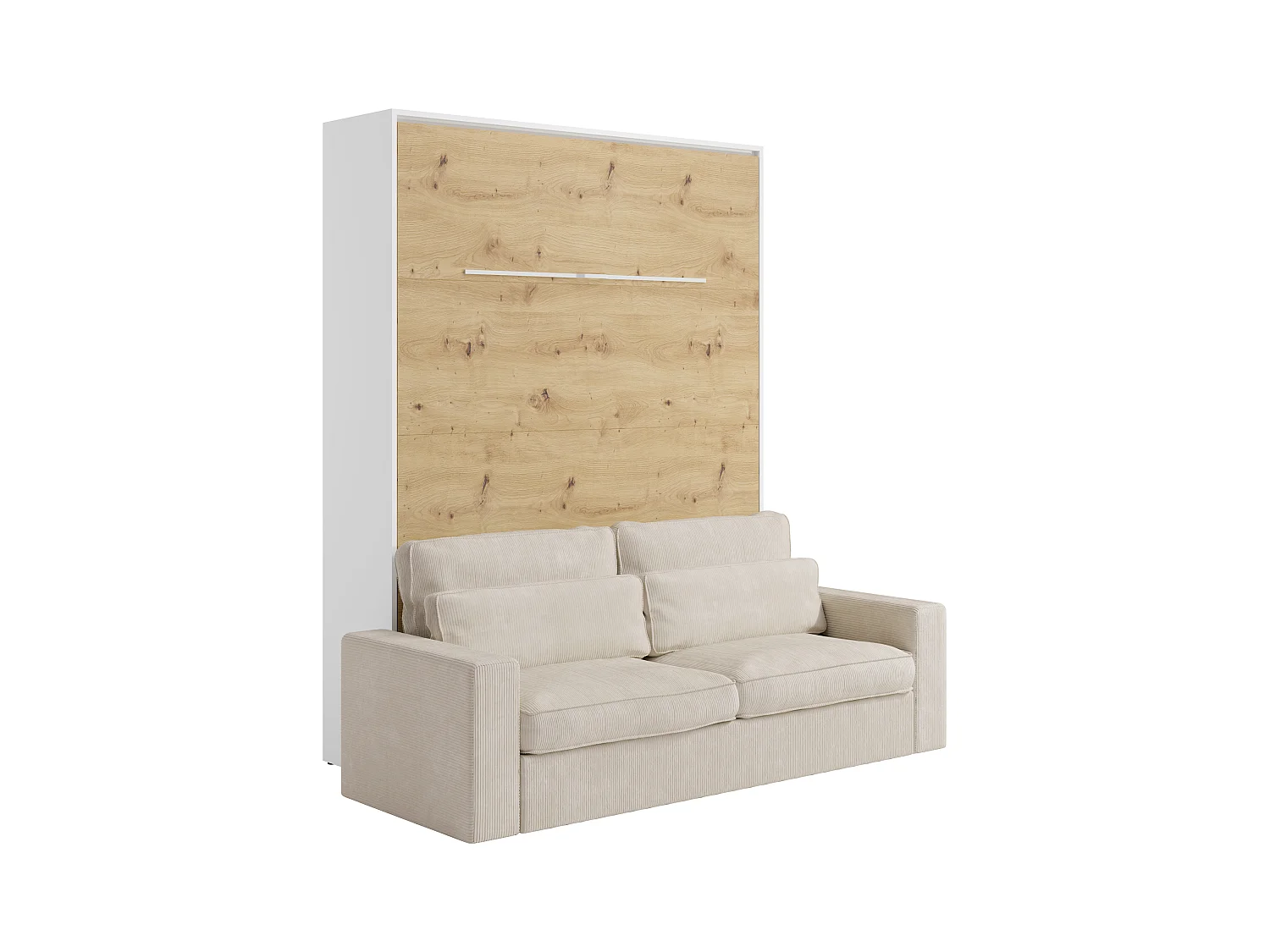 Säng med infälld mekanism 160 x 200 cm - Manuell vertikal öppning - Med LED-belysning - Vit och naturell + Madrass + Soffa - RAPILI
