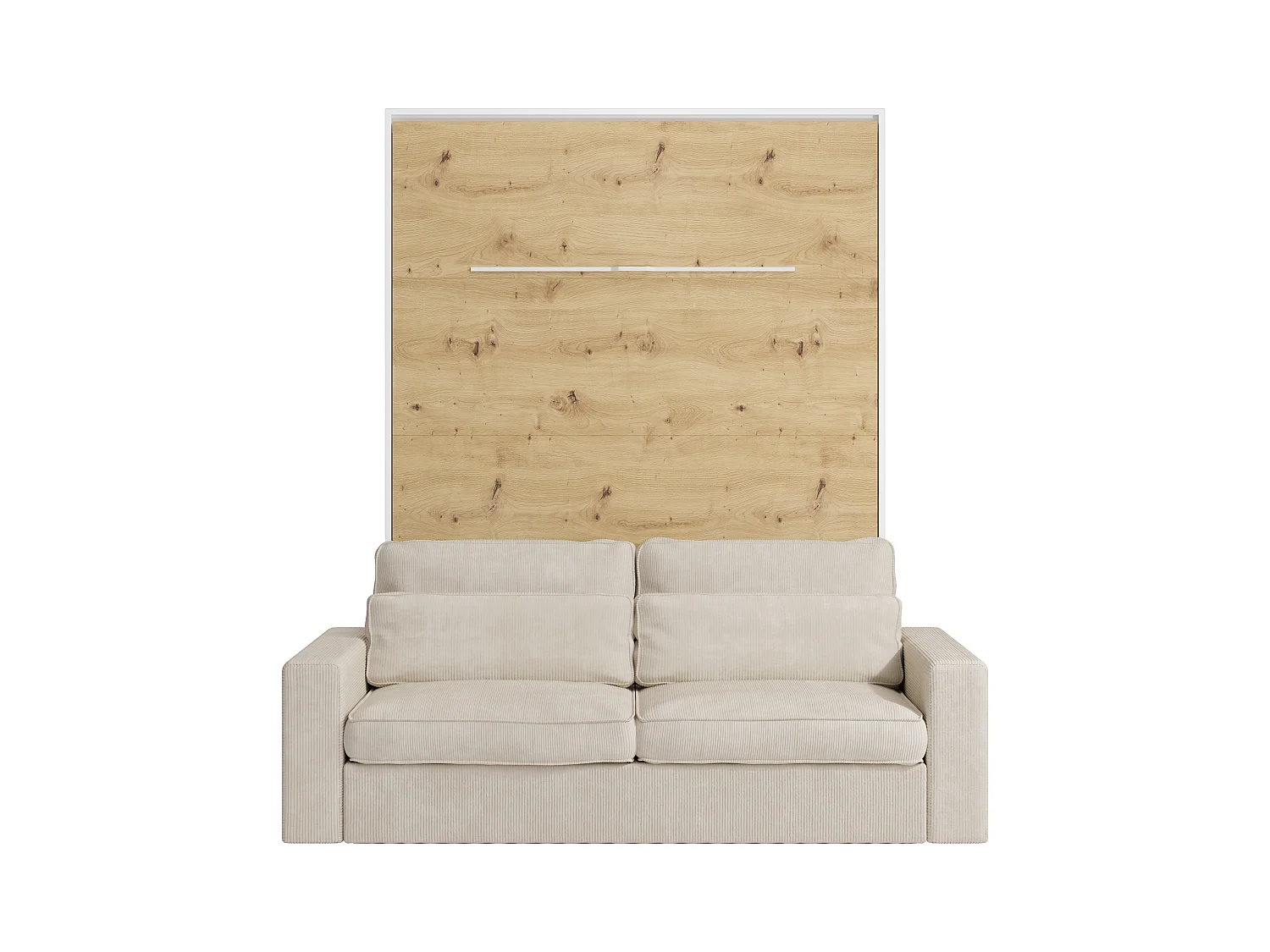 Säng med infälld mekanism 160 x 200 cm - Manuell vertikal öppning - Med LED-belysning - Vit och naturell + Madrass + Soffa - RAPILI