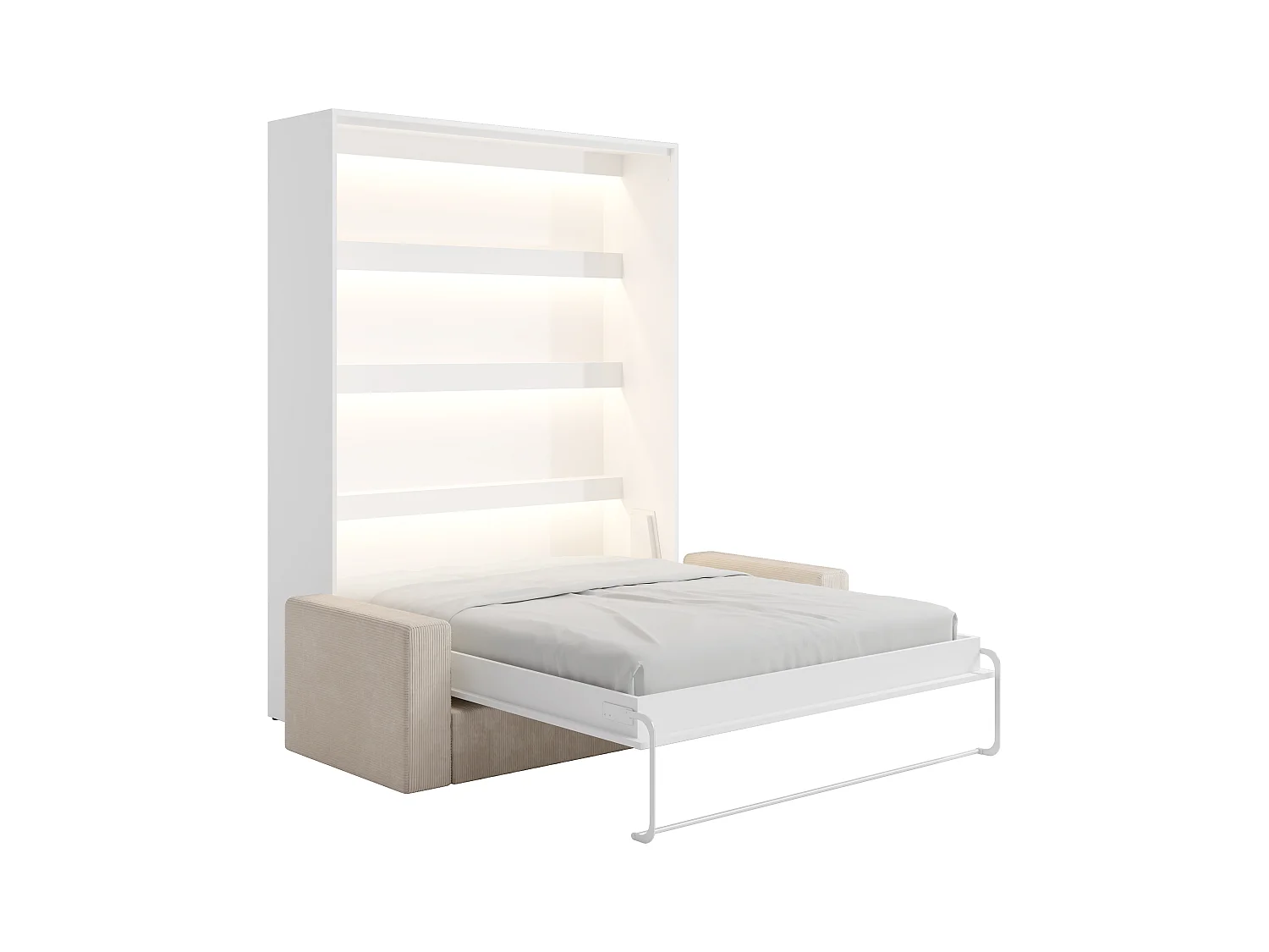 Säng med infälld mekanism 160 x 200 cm - Manuell vertikal öppning - Med LED-belysning - Vit och naturell + Madrass + Soffa - RAPILI