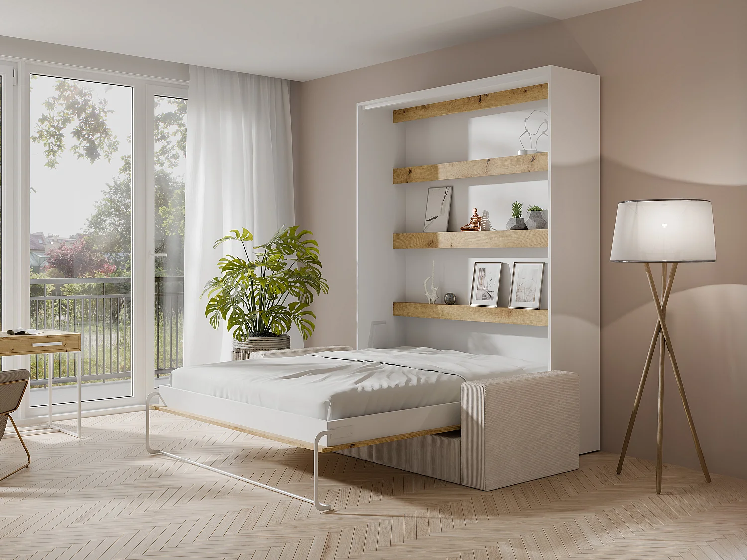 Schrankbett + Sofa + Matratze - 160 x 200 cm - Manuelle vertikale Öffnung - Mit LED-Beleuchtung - Weiß & Holzfarben - RAPILI