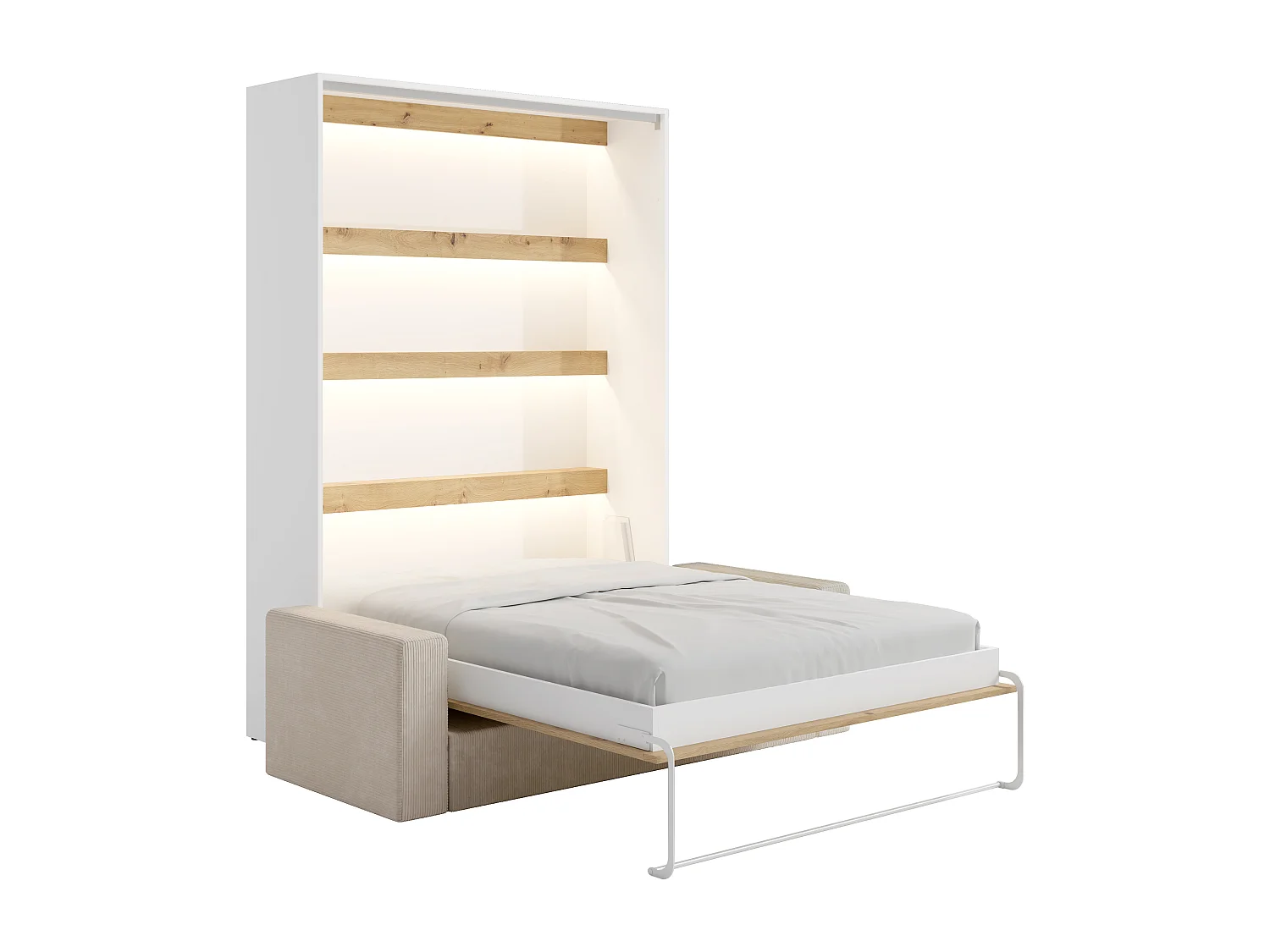 Lit escamotable 160 x 200 cm - Ouverture verticale manuelle - Avec LEDs - Blanc et naturel + Canapé en velours côtelé beige + Matelas - RAPILI