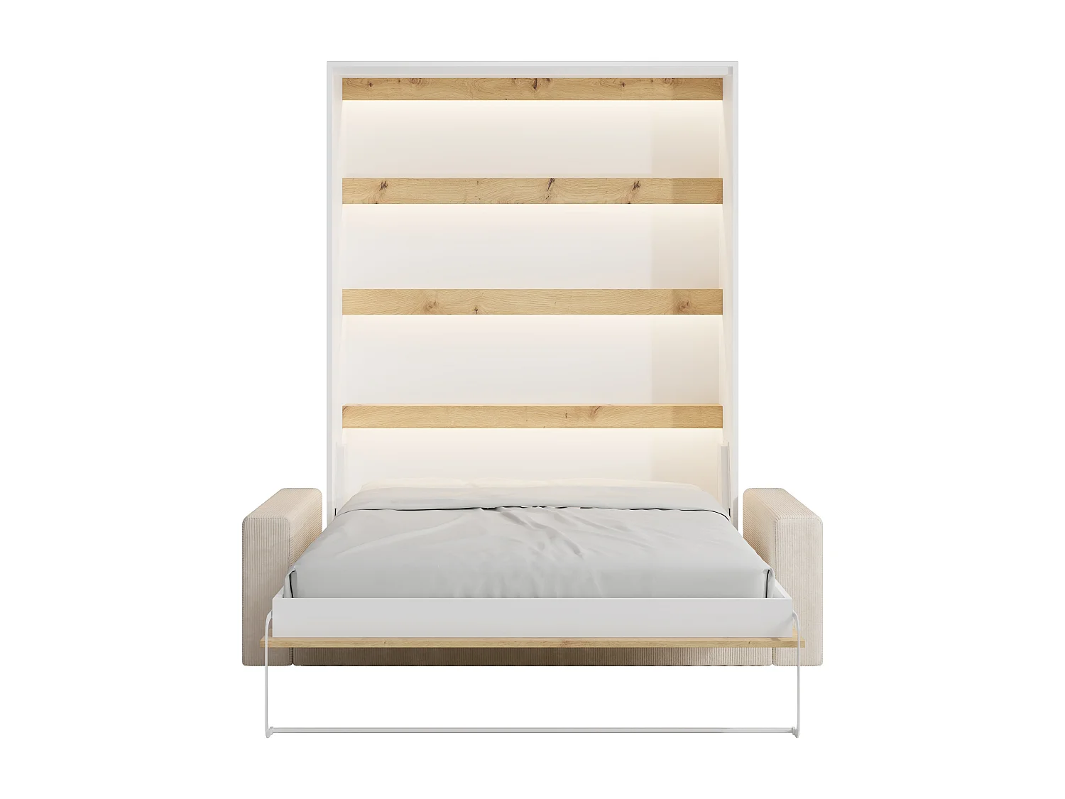 Lit escamotable 160 x 200 cm - Ouverture verticale manuelle - Avec LEDs - Blanc et naturel + Canapé en velours côtelé beige + Matelas - RAPILI