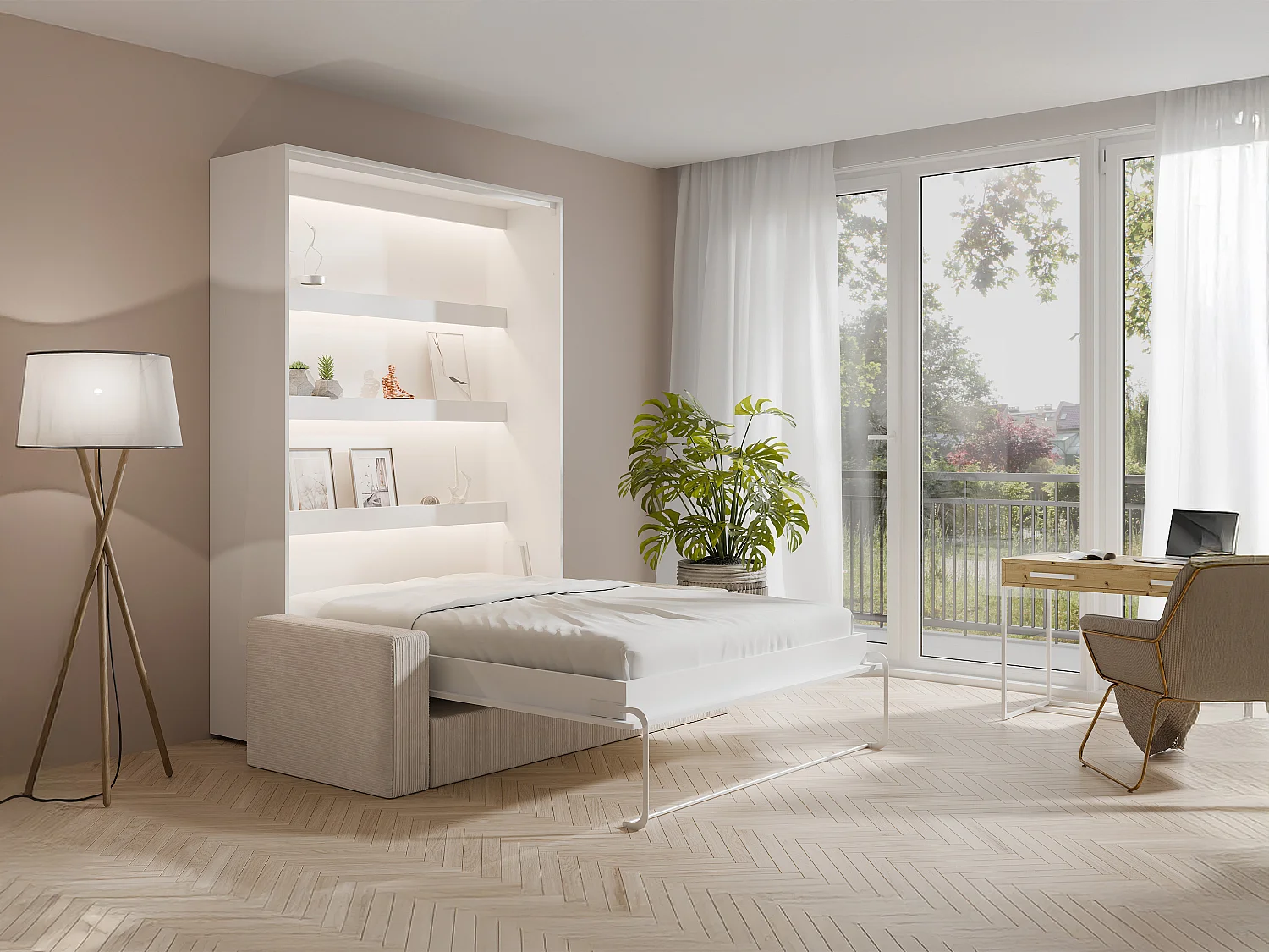 Schrankbett + Sofa - 140 x 200 cm - Manuelle vertikale Öffnung - Mit LED-Beleuchtung - Weiß - RAPILI