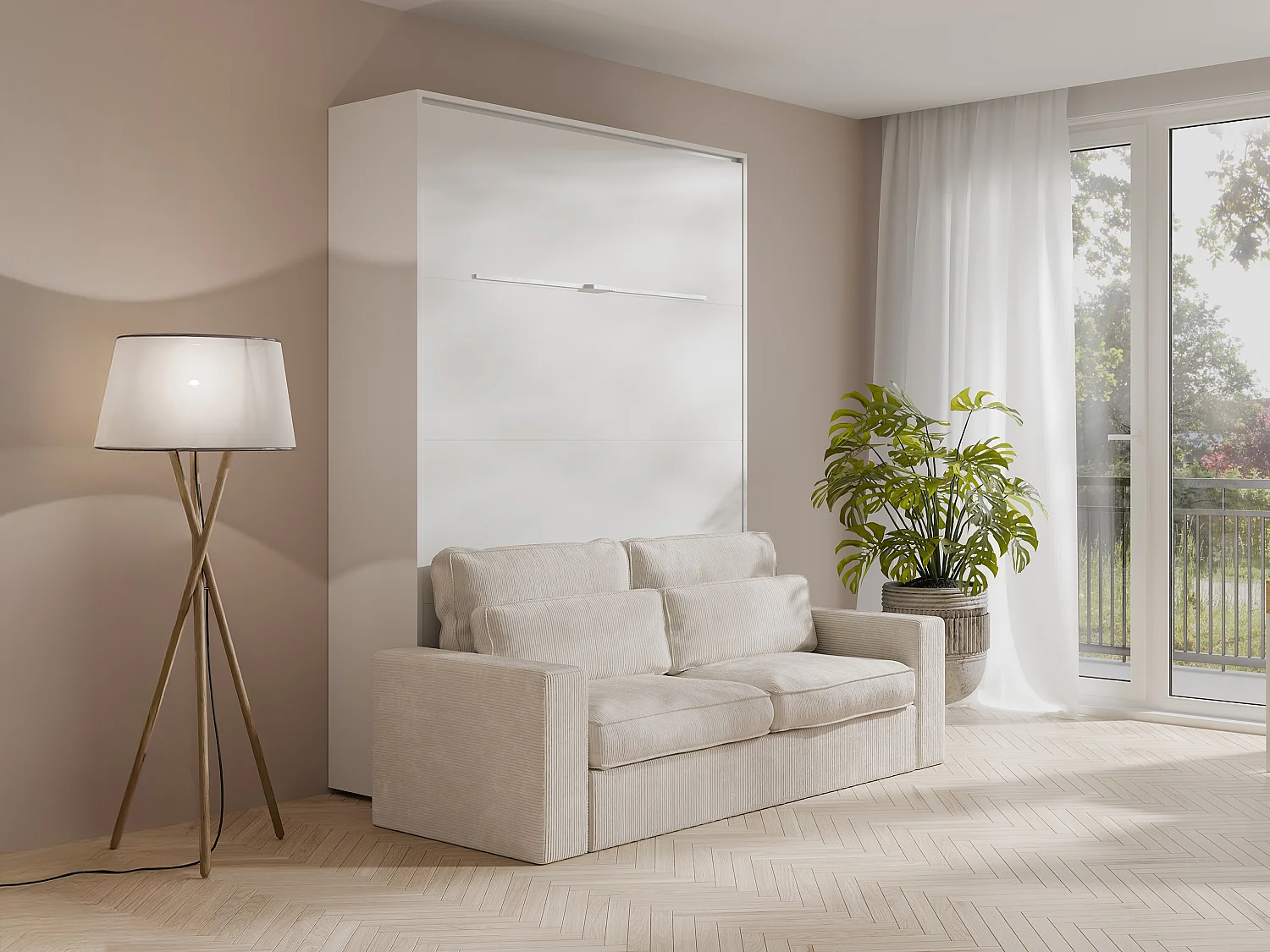 Schrankbett + Sofa - 140 x 200 cm - Manuelle vertikale Öffnung - Mit LED-Beleuchtung - Weiß - RAPILI