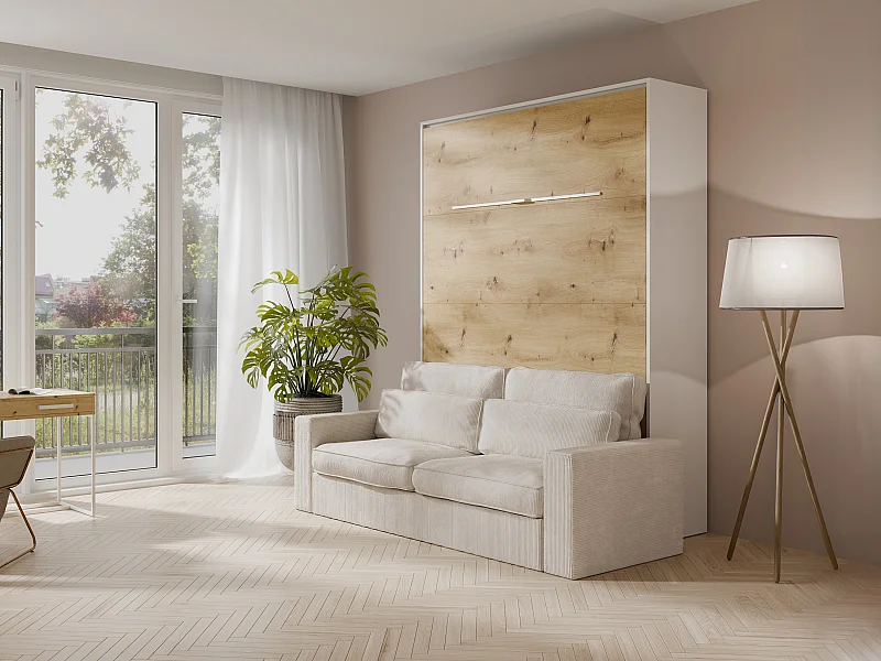 Schrankbett + Sofa - 140 x 200 cm - Manuelle vertikale Öffnung - Mit LED-Beleuchtung - Weiß & Holzfarben - RAPILI