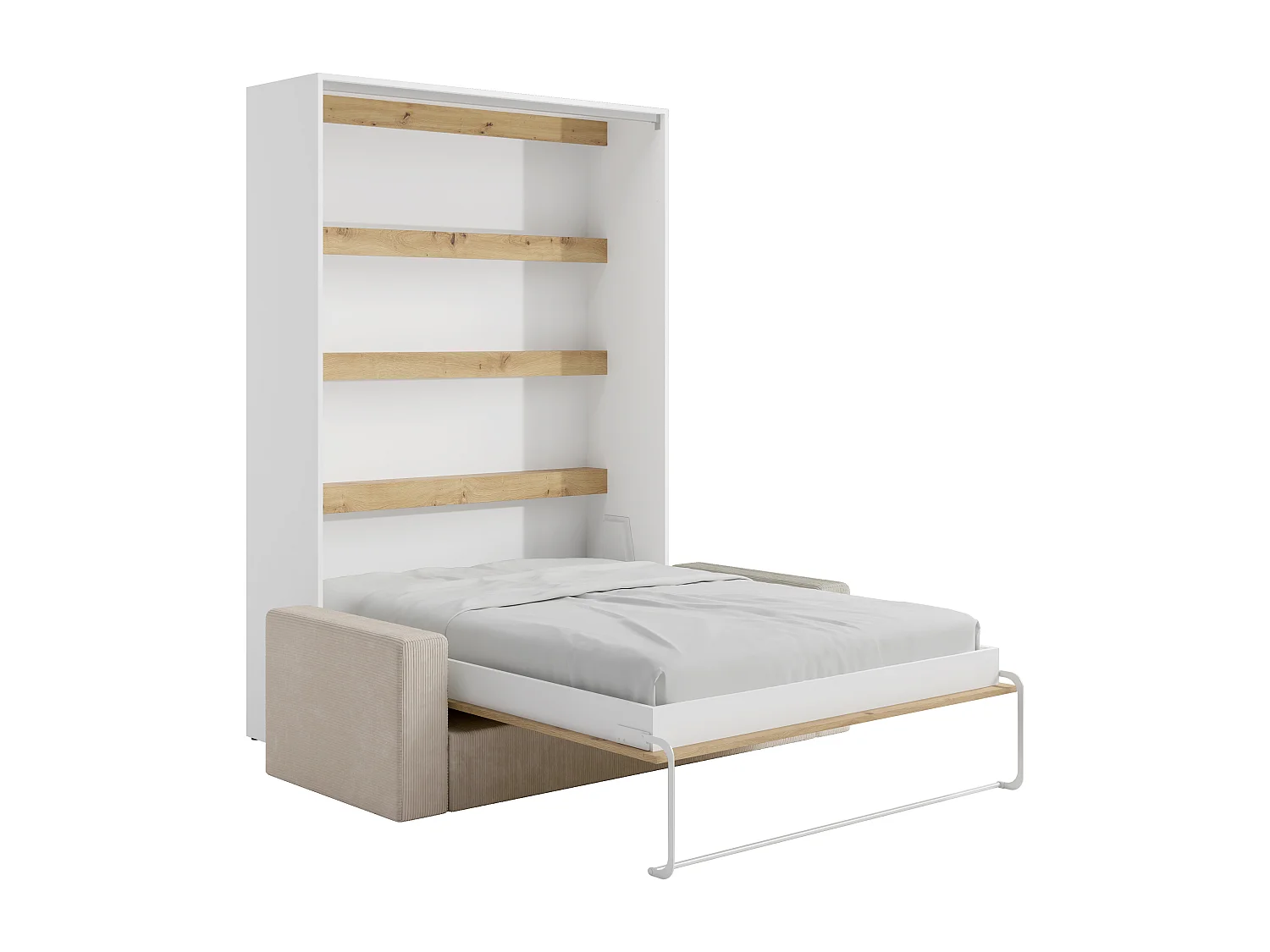 Cama rebatível 140 x 200 cm, abertura vertical manual, com LEDs, branco e natural + sofá - RAPILI