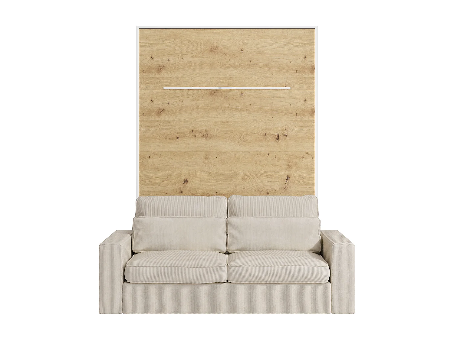 Cama rebatível 140 x 200 cm, abertura vertical manual, com LEDs, branco e natural + sofá - RAPILI