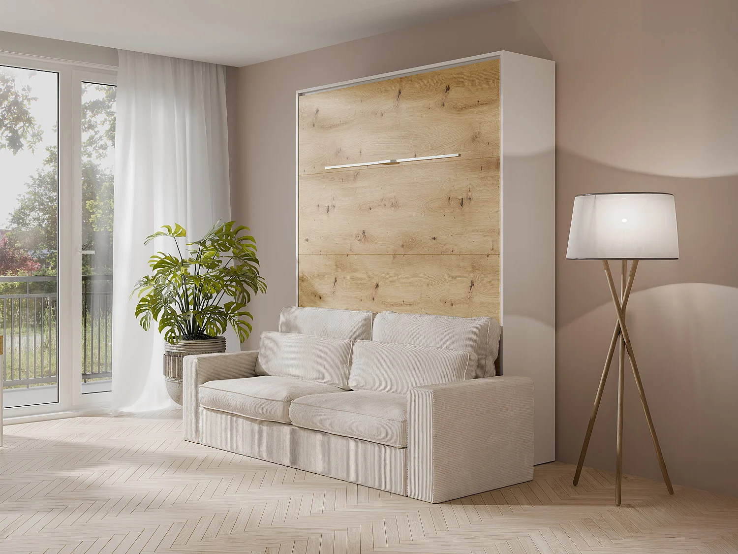 Lit escamotable 140 x 200 cm - Ouverture verticale manuelle - Avec LEDs - Blanc et naturel + Canapé - RAPILI