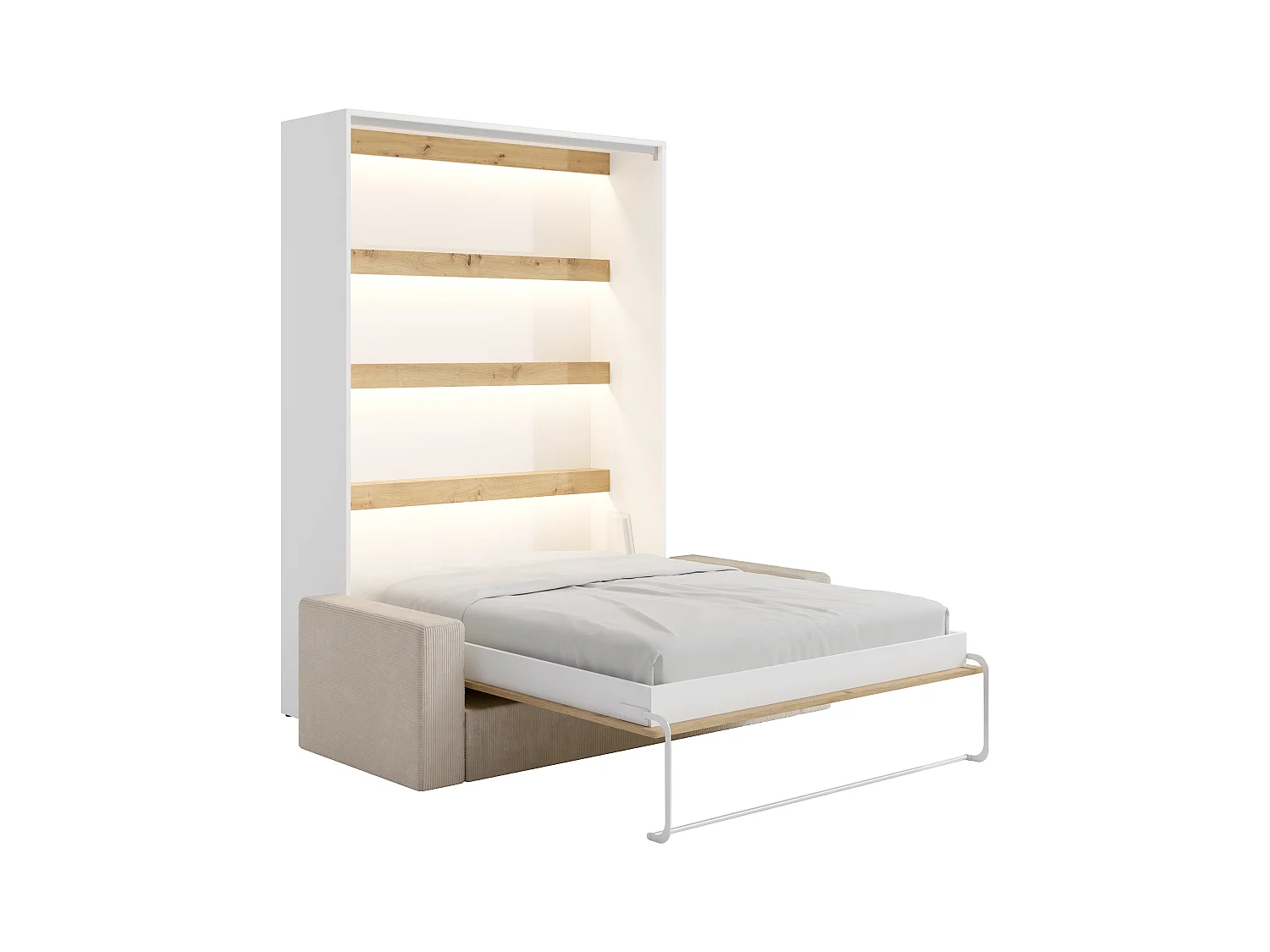 Lit escamotable 140 x 200 cm - Ouverture verticale manuelle - Avec LEDs - Blanc et naturel + Canapé - RAPILI