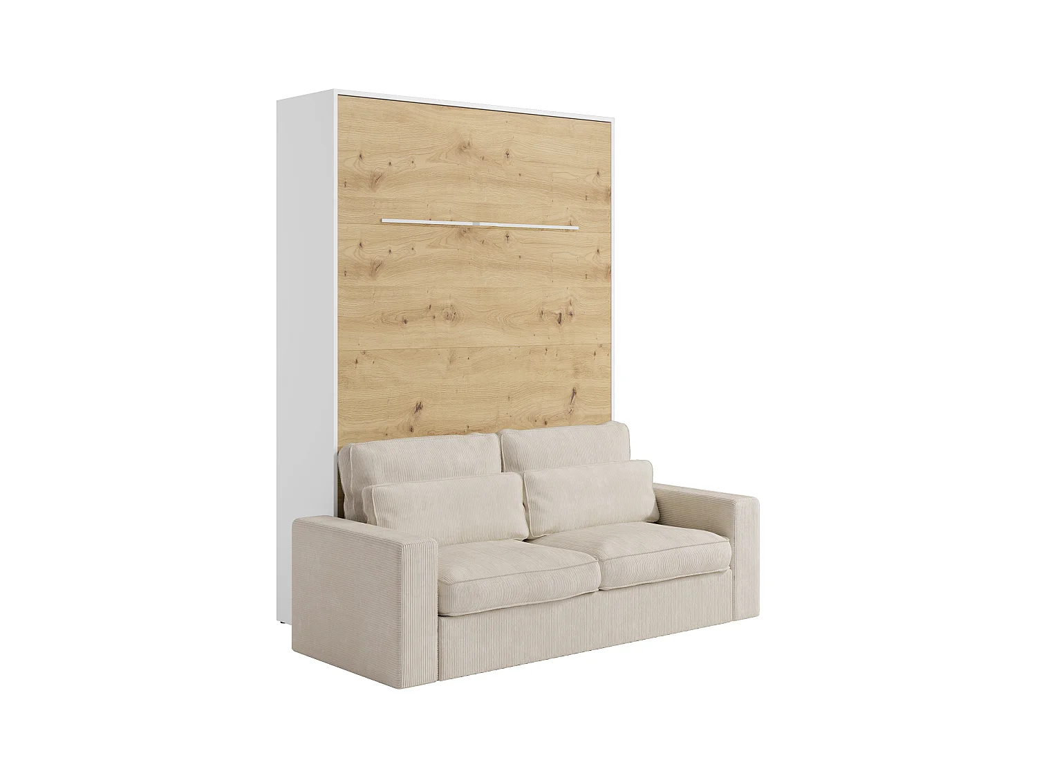 Lit escamotable 140 x 200 cm - Ouverture verticale manuelle - Avec LEDs - Blanc et naturel + Canapé - RAPILI