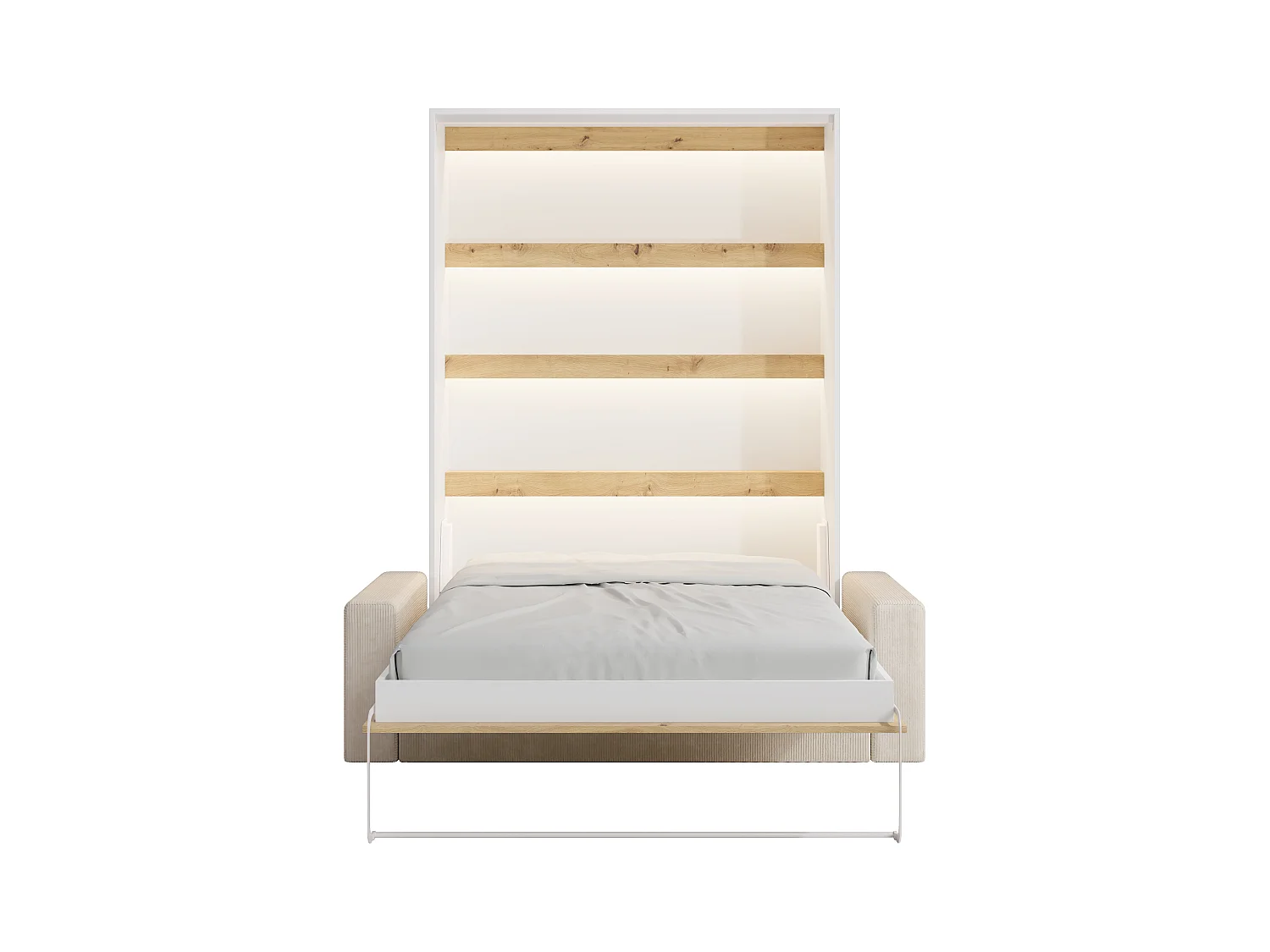 Lit escamotable 140 x 200 cm - Ouverture verticale manuelle - Avec LEDs - Blanc et naturel + Canapé - RAPILI