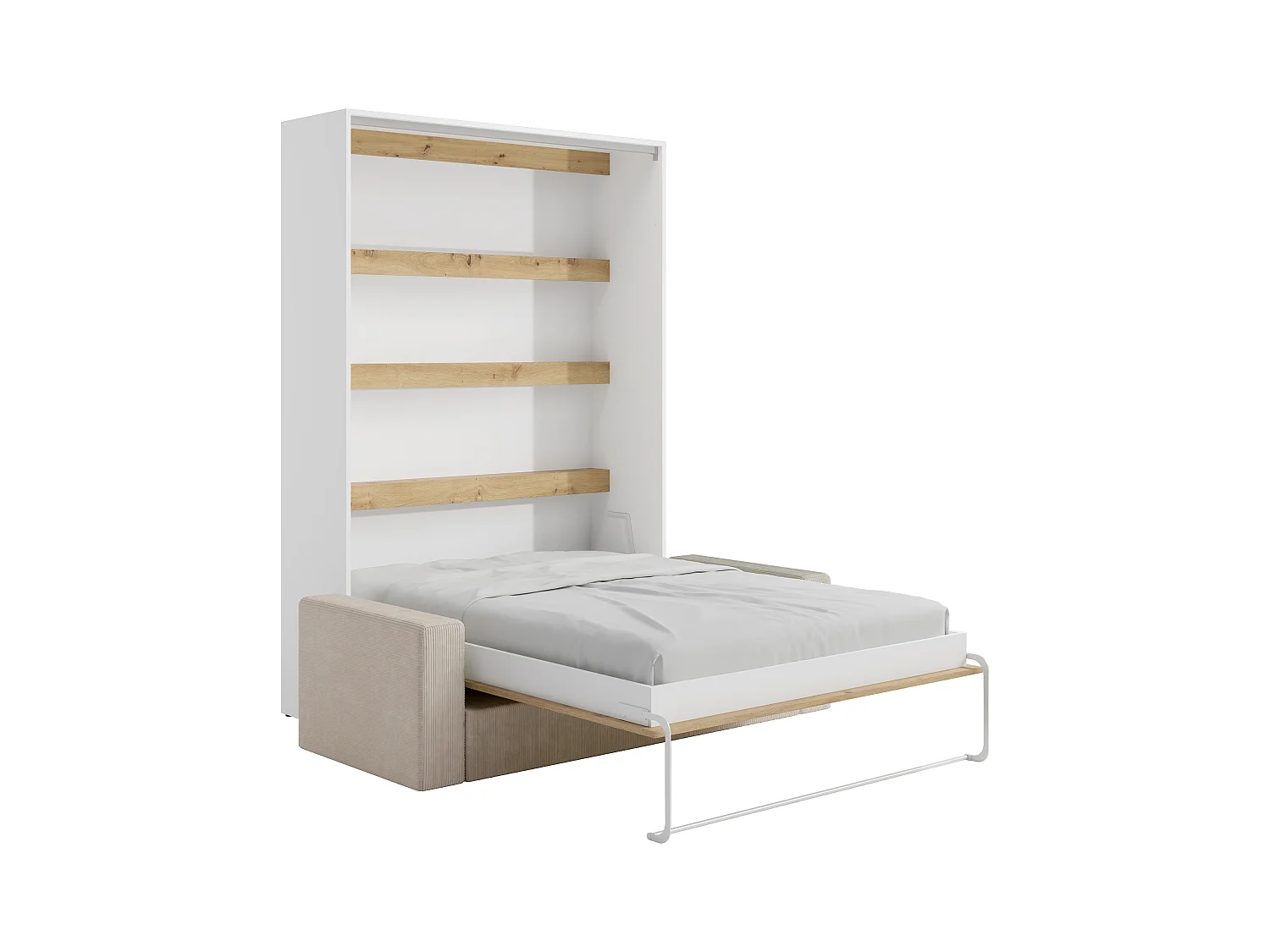 Lit escamotable 140 x 200 cm - Ouverture verticale manuelle - Avec LEDs - Blanc et naturel + Canapé - RAPILI