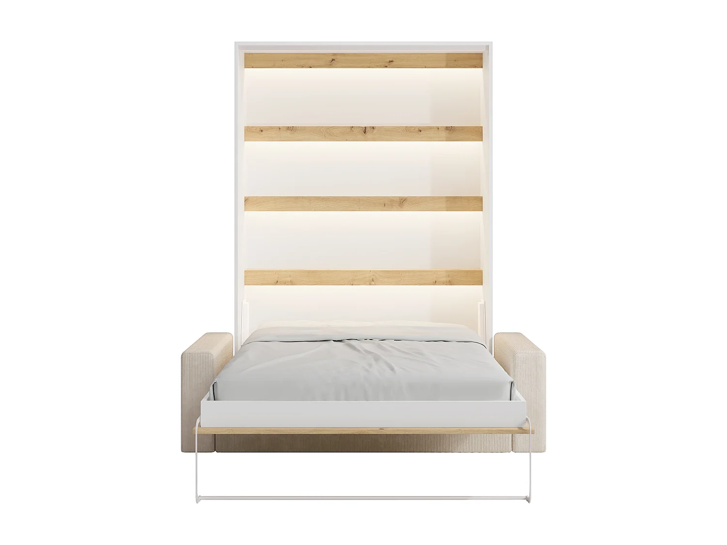 Lit escamotable 140 x 200 cm - Ouverture verticale manuelle - Avec LEDs - Blanc et naturel + Canapé - RAPILI