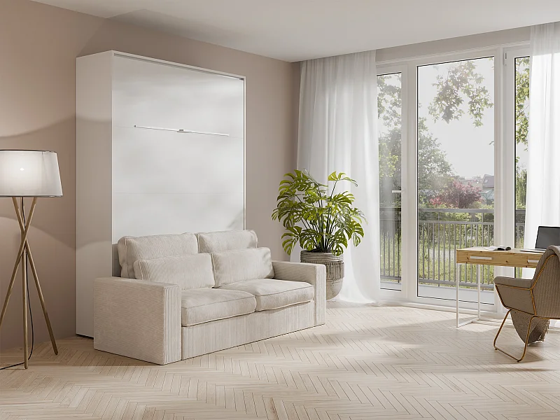 Schrankbett + Sofa + Matratze - 140 x 200 cm - Manuelle vertikale Öffnung - Mit LED-Beleuchtung - Weiß - RAPILI