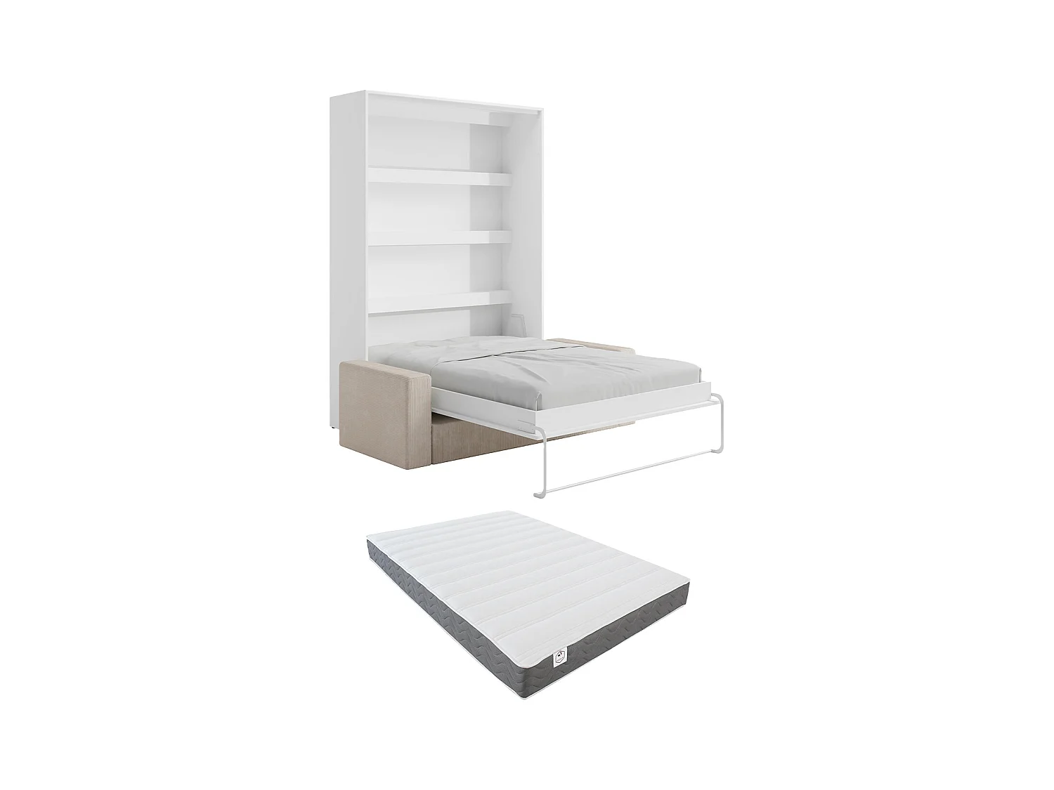 Schrankbett + Sofa + Matratze - 140 x 200 cm - Manuelle vertikale Öffnung - Mit LED-Beleuchtung - Weiß - RAPILI