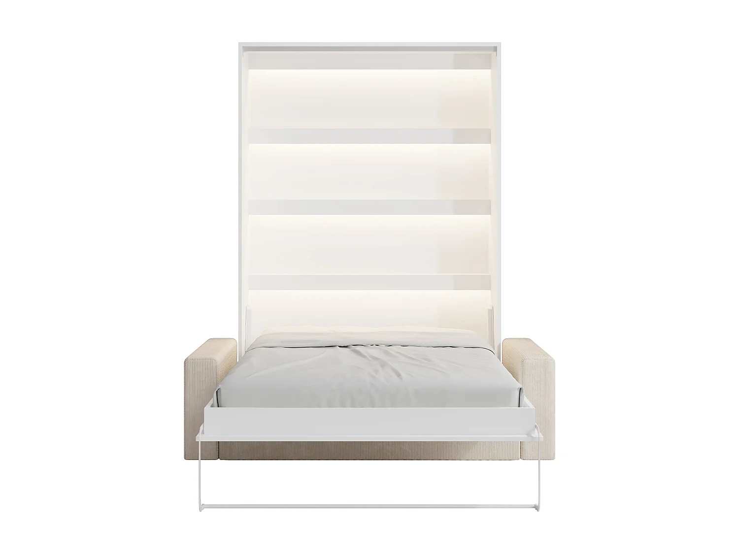 Veggmontert seng 140 x 200 cm - Vertikal manuell åpning - Med LEDs - Hvit + Madrass + Sofa - RAPILI