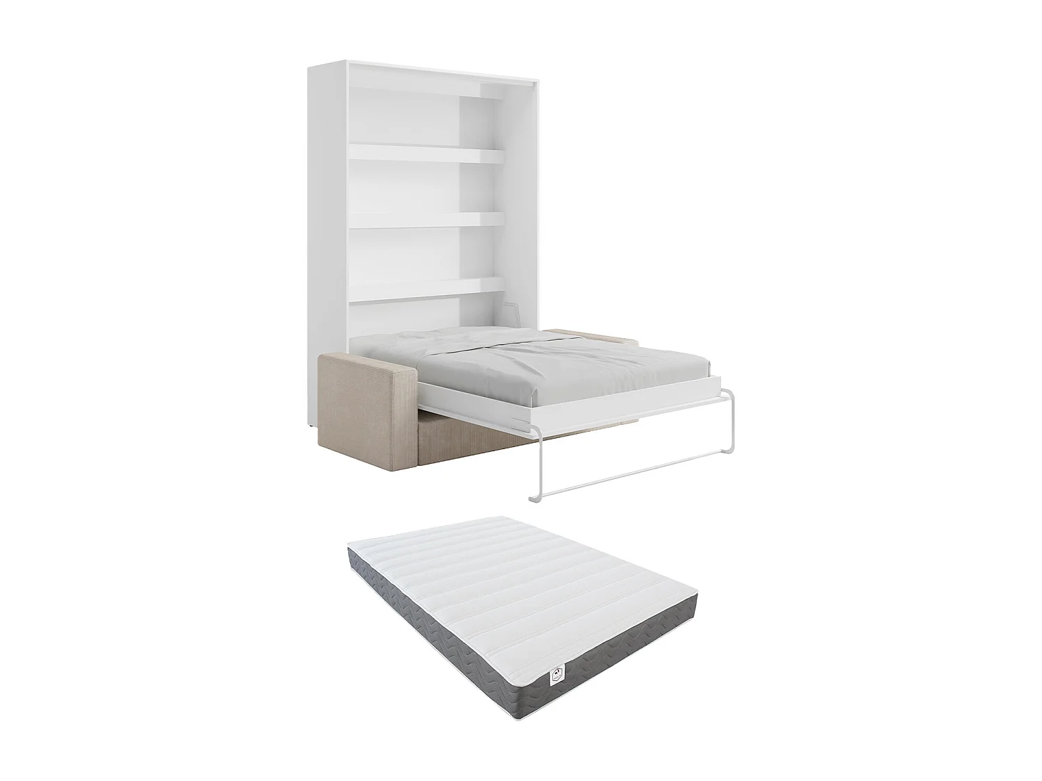 Veggmontert seng 140 x 200 cm - Vertikal manuell åpning - Med LEDs - Hvit + Madrass + Sofa - RAPILI