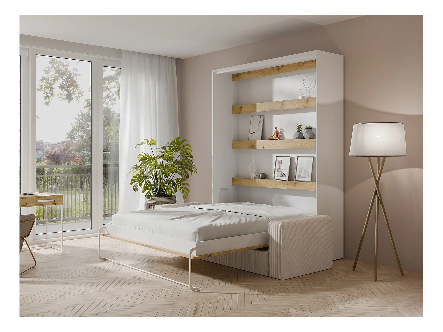 Schrankbett + Sofa + Matratze - 140 x 200 cm - Manuelle vertikale Öffnung - Mit LED-Beleuchtung - Weiß & Holzfarben - RAPILI