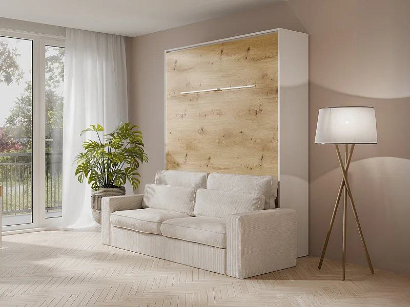 Lit escamotable 140 x 200 cm - Ouverture verticale manuelle - Avec LEDs - Blanc et naturel + Matelas + Canapé - RAPILI