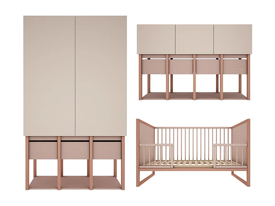 Chambre complète lit évolutif 70x140 commode 3 portes et armoire 2 portes Tweens Rose et Beige