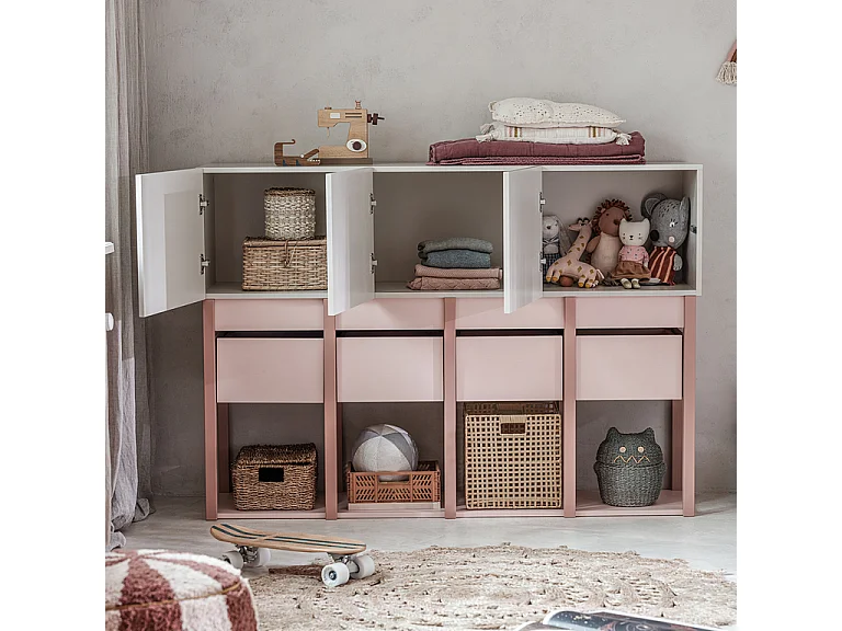 Chambre complète lit évolutif 70x140 commode 3 portes et armoire 2 portes Tweens Rose et Beige