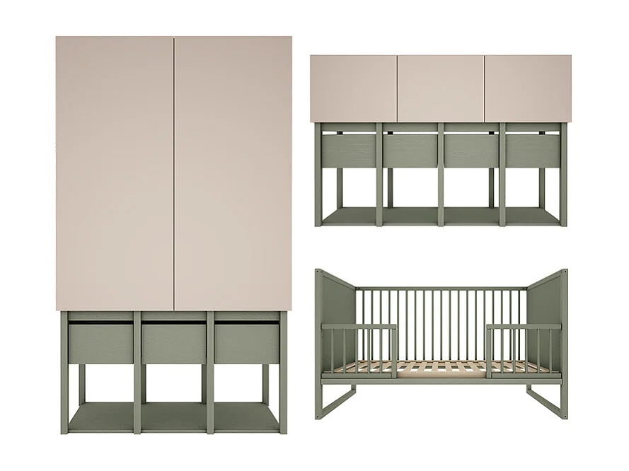 Chambre complète lit évolutif 70x140 commode 3 portes et armoire 2 portes Tweens Vert Eucalyptus et Beige