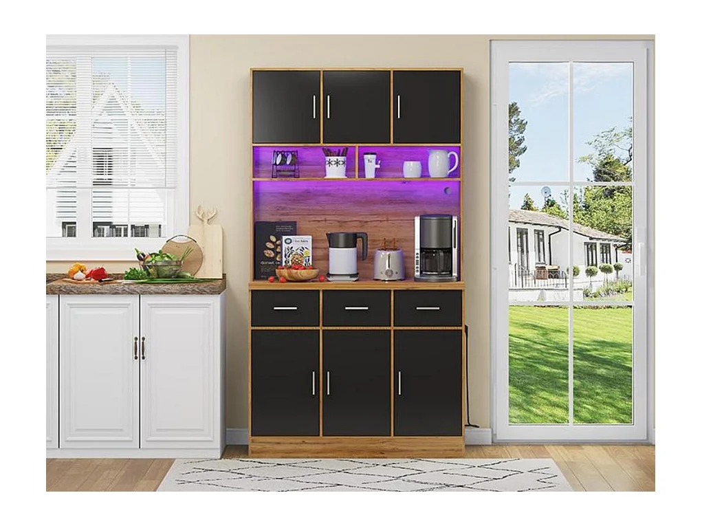 Buffet de cuisine avec LED - 6 portes、3 tiroirs et 3 compartiments ouverts - Noir