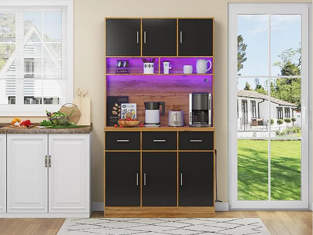 Buffet de cuisine avec LED - 6 portes、3 tiroirs et 3 compartiments ouverts - Noir