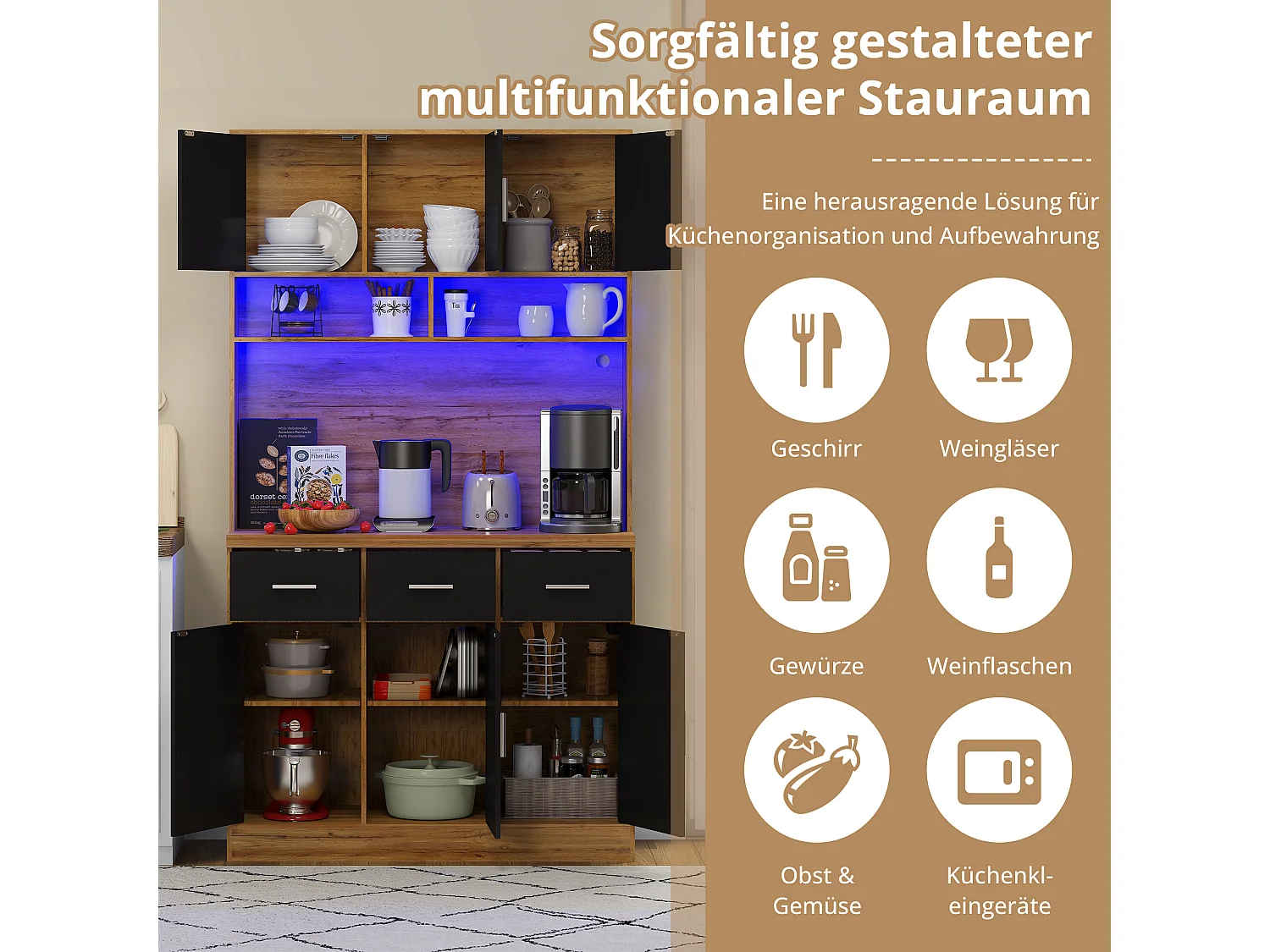 Buffet de cuisine avec LED - 6 portes、3 tiroirs et 3 compartiments ouverts - Noir