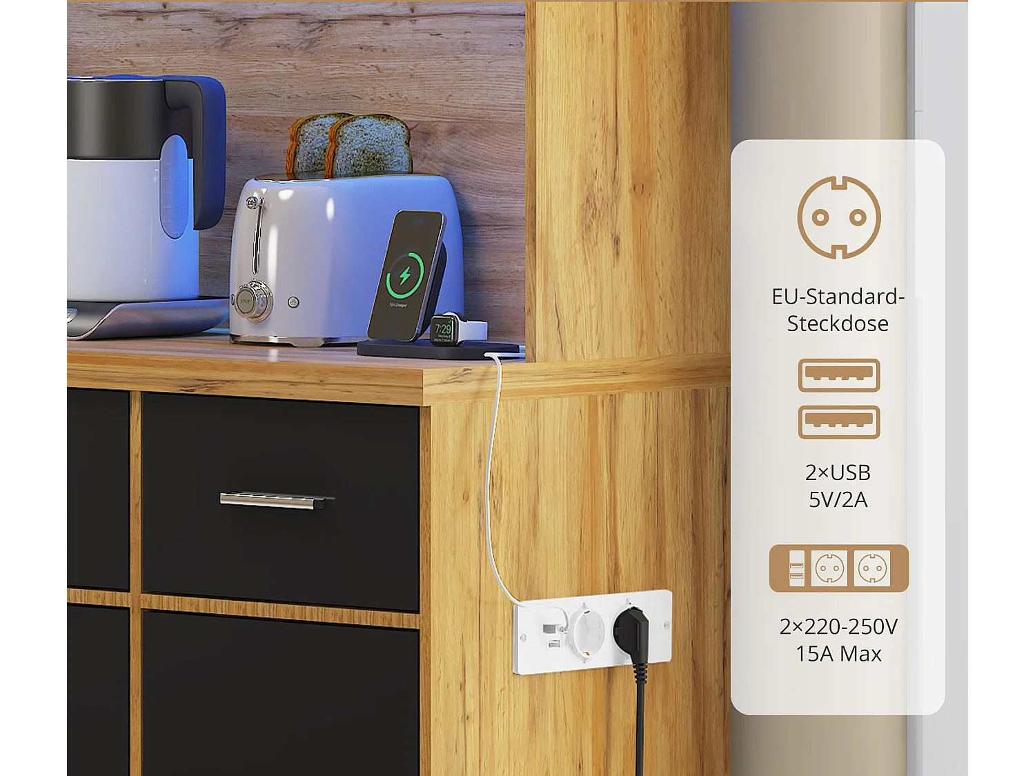 Buffet de cuisine avec LED - 6 portes、3 tiroirs et 3 compartiments ouverts - Noir