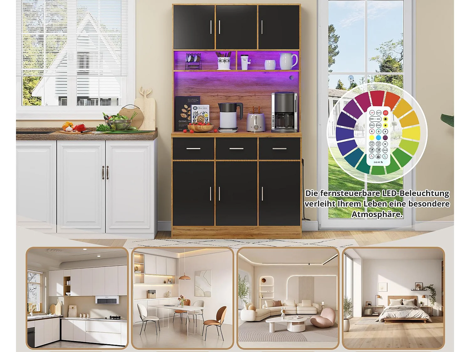 Buffet de cuisine avec LED - 6 portes、3 tiroirs et 3 compartiments ouverts - Noir