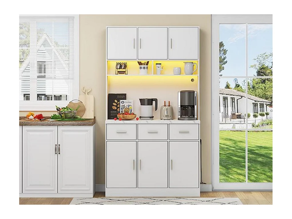 Buffet de cuisine avec LED - 6 portes、3 tiroirs et 3 compartiments ouverts - Blanc